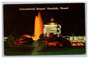 Vintage 1972 Postcard International Airport & Fountain at Night Honolulu Hawaii