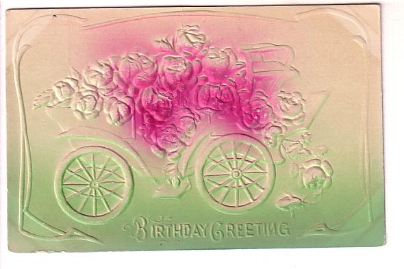 Embossed, Silkscreened Roses in Car, Birthday Greeting, NC