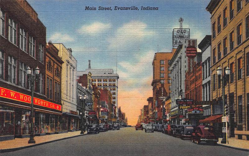 Main Street, Evansville, Indiana,  Early Linen Postcard, Unused