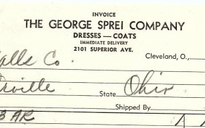 1939 THE GEORGE SPREI COMPANY CLEVELAND OH DRESSES COATS BILLHEAD INVOICE Z2722