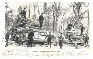 Postcard WI Merrill - Winter Logging Scene - Viewograph Co. Milwaukee