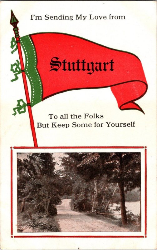 1914 Vintage Postcard Stuttgart, Kansas Greeting Flag KE7