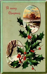 Vintage 1909 Winter Nature Scene Holly Leaves Berries Merry Christmas Postcard