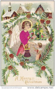 Merry Christmas Village Scene Angel With Young Children 1910