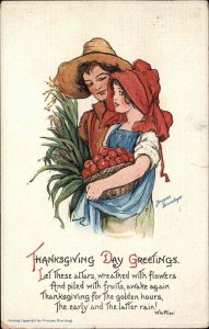 Frances Brundage Thankgiving Farmer Boy and Girl c1910 Vintage Postcard