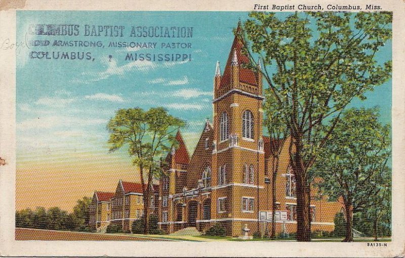 Postcard First Baptist Church Columbus MS