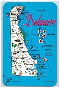 c1950's Delaware Map Routes Places Fishing Restaurant Beach Schools Postcard 