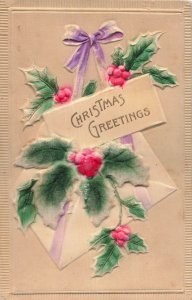 Embossed Air Brushed Christmas Greetings Postcard Holly Berries Ribbon Germany