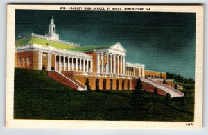 Handley High School At Night Winchester Virginia Postcard Linen Unposted VA