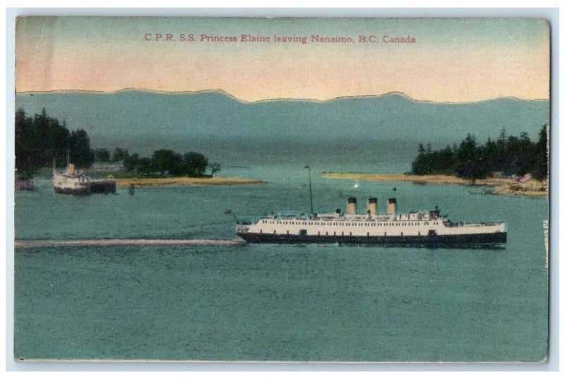 c1910 C.P.R.S.S. Princess Elaine Leaving Nanaimpo BC Canada Postcard