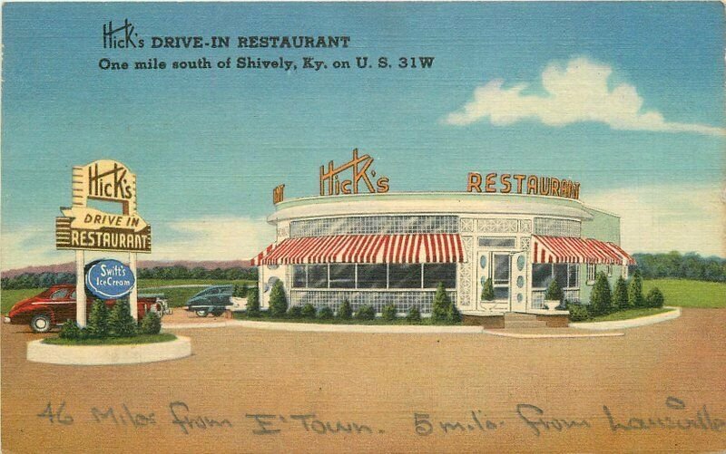 1948 Shively Louisville Kentucky Hicks Drive-in Restaurant US31 Advert Postcard