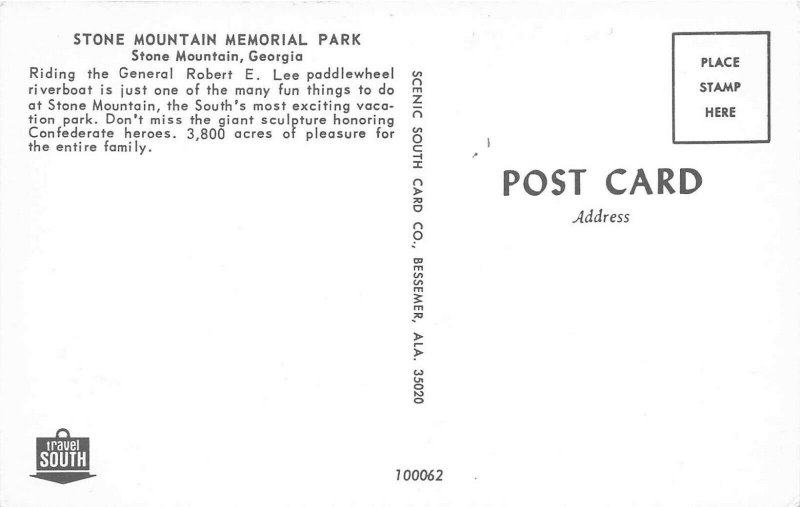 Stone Mountain Georgia 1960s Postcard Memorial Park With Robert E. Lee Riverboat