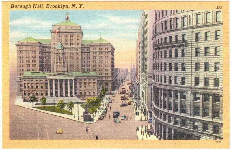 Brooklyn NYC Borough Hall Linen Postcard 1940s-1950s