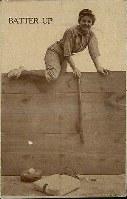 Baseball - Pretty Woman in Uniform BATTER UP c1910 Postcard