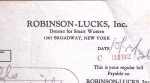 1936 ROBINSON-LUCKS DRESSES FOR SMART WOMEN NEW YORK BILLHEAD INVOICE Z248