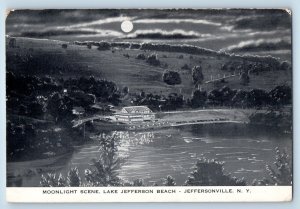 Jeffersonville New York NY Postcard Moonlight Scene Lake Jefferson Beach c1940