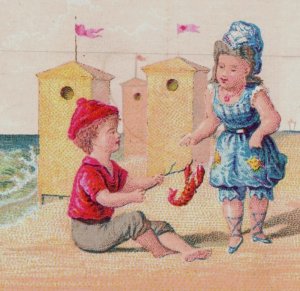 1880s Victorian Trade Cards Beach Scenes Children Lobster Fab! Set Of 3 F134