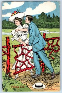 1912 Romance Couple Kissing Woman Taking Toll Fence Culver Indiana IN Postcard