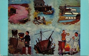 Cape Cod Industries Multi View Fishing Boat-Building Candle-Making Postcard VTG 
