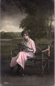 Victorian Lady With Blue Flowers Jugendstil Coloured Vintage RPPC C039