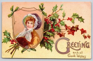 Christmas~Lady In Bonnet & Muff~Shield Portal~Holly Berry~c1910 Vintage Postcard