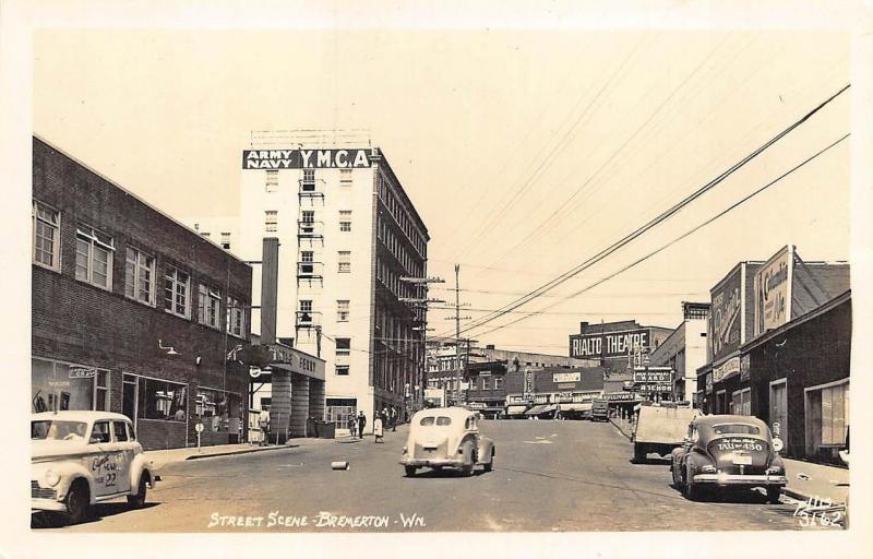 Bremerton WA YMCA Rialto Theatre Storefronts Taxi Old Cars RPPC