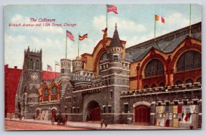 Chicago Illinois~Coliseum Bldg St View~Stagecoach~Flags~Gothic~c1910 Postcard