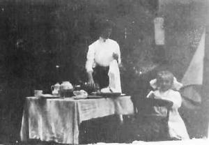 Gibson Girl Preparing Meal, Girl with Big Bow, Table Setting, RPPC