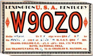 1934 QSL Radio Card Code W90Z0 Lexington Kentucky Amateur Radio Posted Postcard