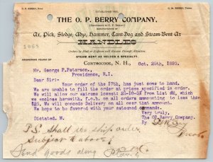 1895  Contoocook  New Hampshire  O.P. Berry Co.  Handles  Receipt 8 x 6