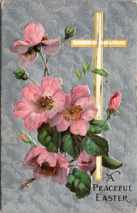 Vtg 1910s A Peaceful Easter Cross Pink Flowers Embossed Silver Floral Postcard