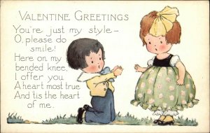 Whitney Valentine Arts and Crafts Boy Kneels at Girl's Feet Vintage Postcard