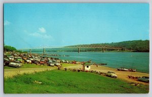 Postcard Cars Lined Up at Ohio River Madison Indiana Bridge Unposted Chrome