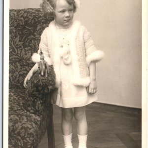 c1930s Riga, Latvia Cute Little Girl RPPC Real Photo Postcard Wood Toy A124