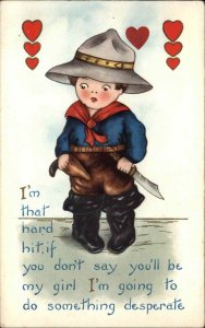 Valentine Little Boy Toy Knife Do Something Desperate Vintage Postcard