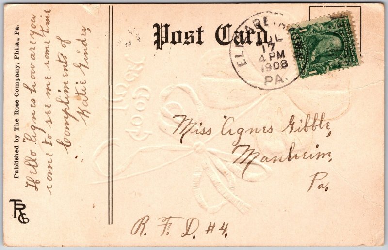 Good Luck Congratulations & Best Wishes, 1908 Four-Leaf Clover, Ribbon, Postcard