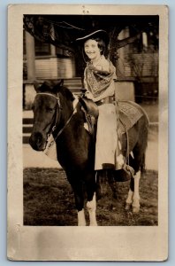 c1905 Cowgirl Riding Horse Birthday House Scene RPPC Photo Antique Postcard