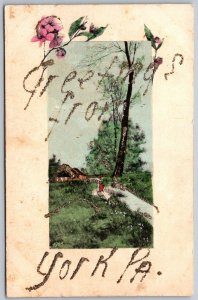 York Pennsylvania c1905 Greetings Postcard Glitter Rural Farmhouse Scene