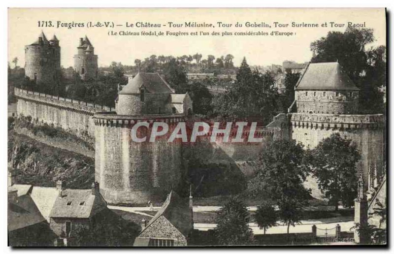 Old Postcard Fougeres Chateau Tour Melusine Tower Goblin Tower and Tower Raou...