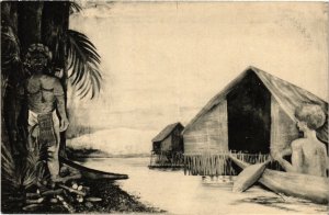 PC CPA INDONESIA, NATIVE HOUSE AND BOAT, VINTAGE POSTCARD (b4707)