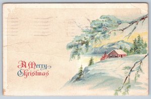 A Merry Christmas, Snowy Rural Scene, Antique 1920 Greeting Postcard