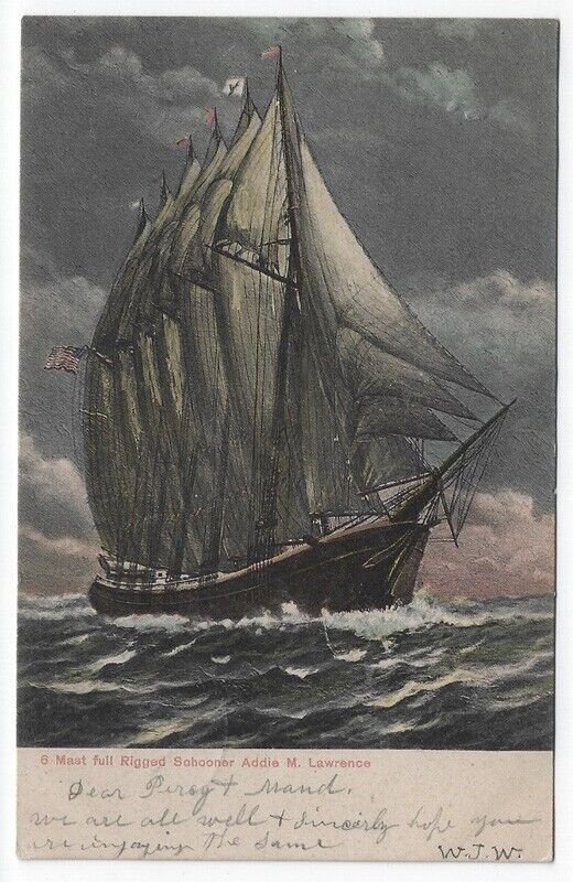 Vintage Postcard View of 6 Mast Full Rigged Schooner ADDIE M. LAWRENCE, 1906