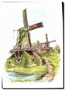 Modern Postcard Schilderll Zaanse Schans met groene Molen Husman op Voorgrond