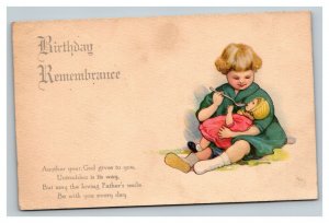 Vintage 1900's Birthday Postcard Cute Child Feeds Doll - Nice Poem