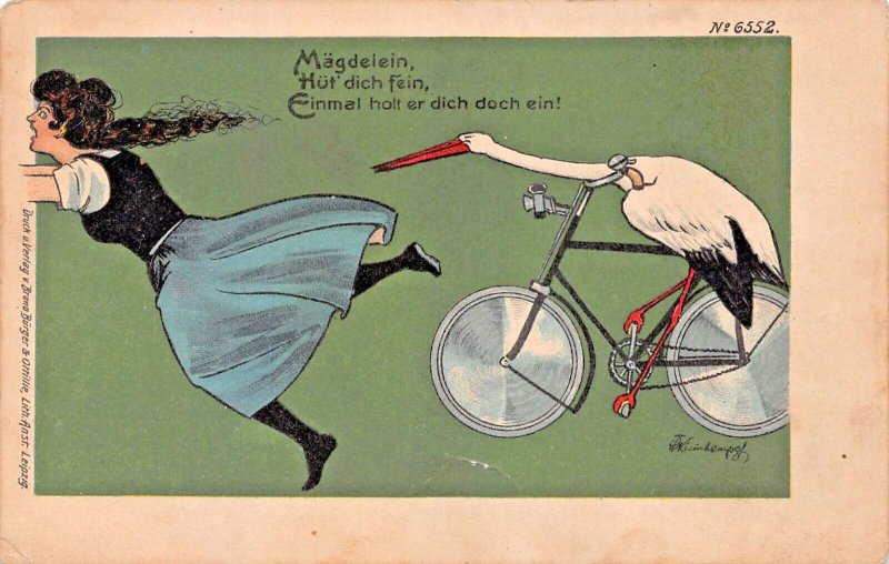 Stork Riding Bicycle Fahrad Chasing Girl~1900S Kleinhemel Artist Postcard