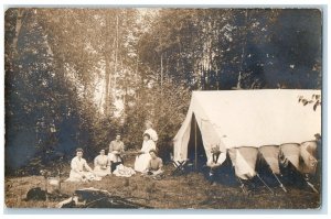 c1910's Camping Cooking Gambling Quilling Tent RPPC Photo Antique Postcard