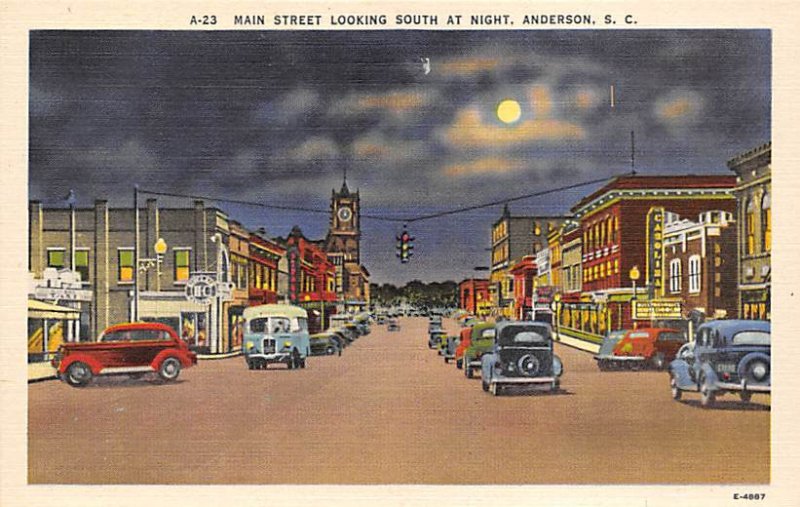 Main Street looking south at night Anderson, South Carolina