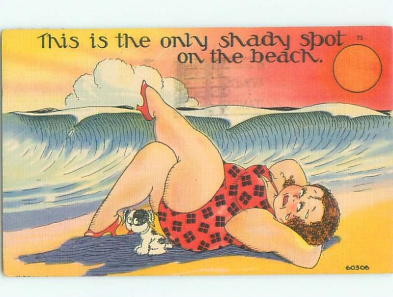 Linen Risque DOG IN SHADOW OF CHUBBY FAT BEACH GIRL AB6618