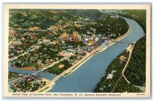 1941 Aerial View Of Kanawha River & Charleston Bridge West Virginia WV Postcard