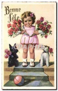 Children - Illustration - cute little girl with flowers - dog - dog - Old Pos...